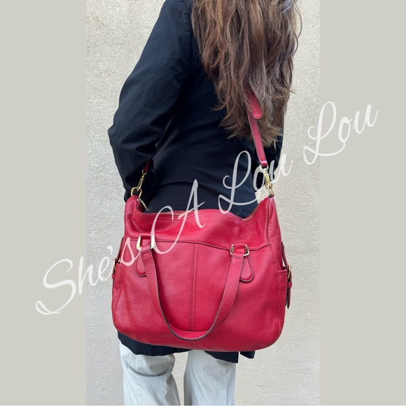 Ralph Lauren❤️ Large Pebble Leather Slouchy Satchel Crossbody Bag in Red - Picture 14 of 15